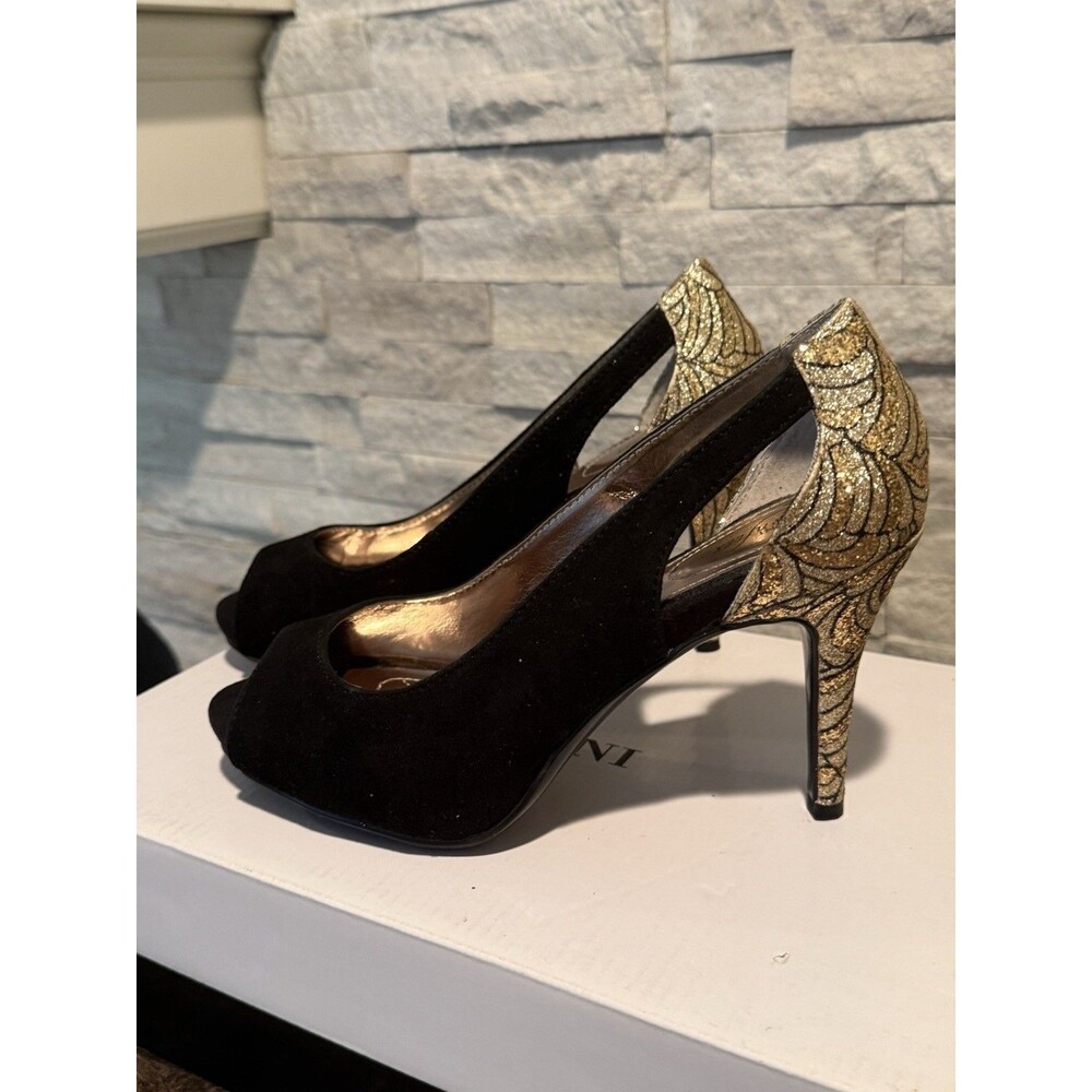 Alfani Womens Heels  -  Size 6M Black Suede Peep Toe Metallic Gold Pattern Pumps